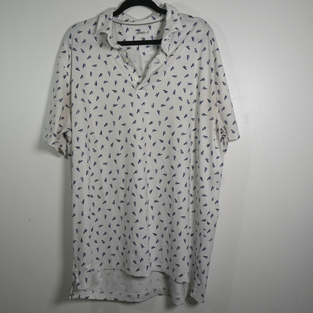 johnnie-O Polo Shirt Men XL White Surfboard Print Bali Hai Performance Golf